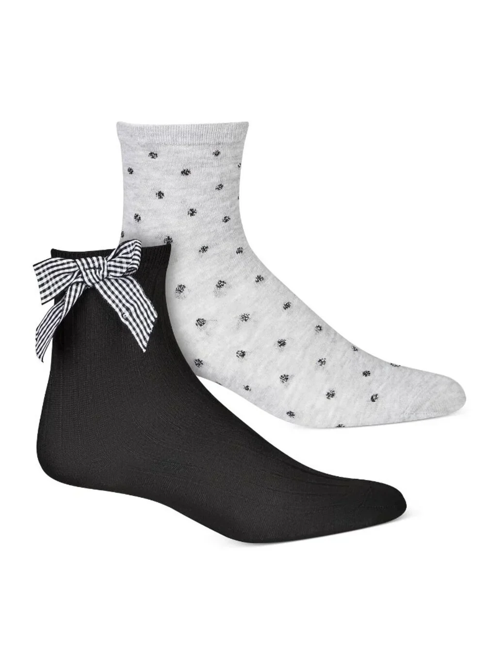INC Women's 2-Pair Plaid Bow and Dot-Print Anklet Socks, Black Gray, One Size